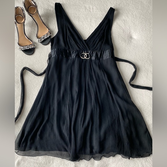 Marciano Dresses & Skirts - Marciano Guess Black Silk Chiffon Mini Dress Wrap Tie Belt Double Circle Buckle